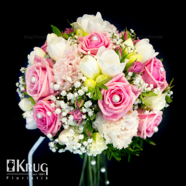 Brautstrauß rosa-weiß mit Rosen, Lisianthus, Freesien und Bärgrasstiel mit Perlen