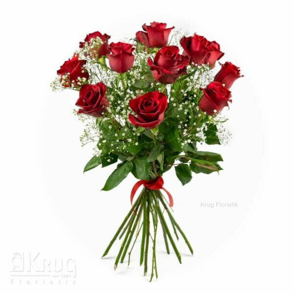 Blumenstrauß aus langen roten Rosen mit Schleierkraut