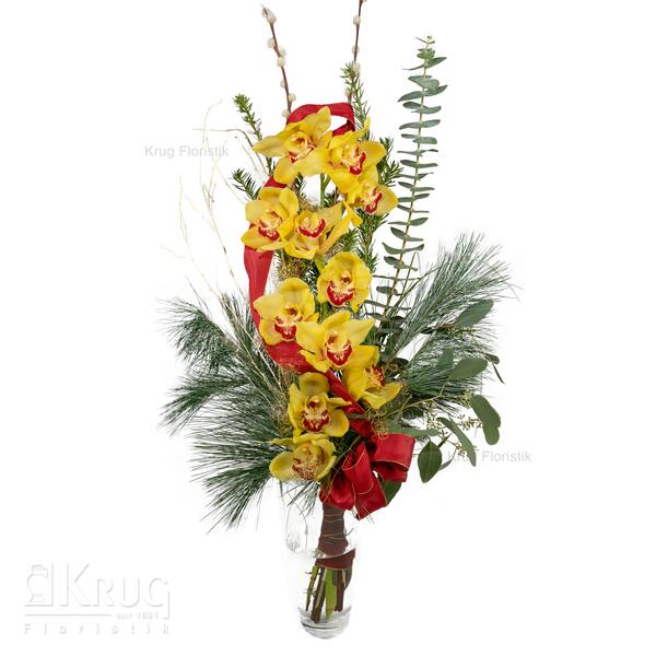 Blumenstrauß mit einer Cymbidium Rispe in gelb und rotem Band