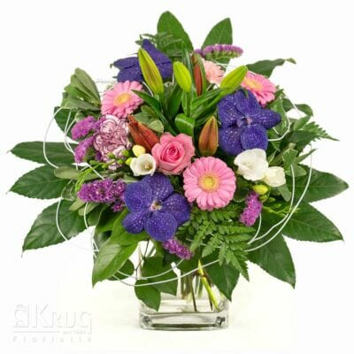großer Blumenstrauß rosa-lila mit Rosen, Orchideen, Gerbera, Lilie