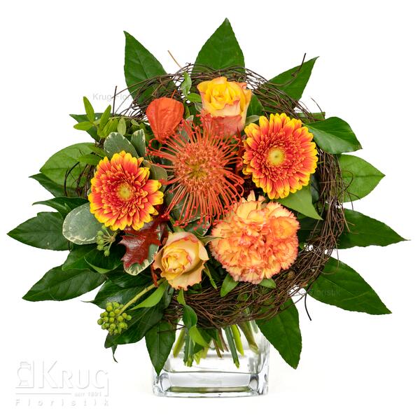 kleiner Blumenstrauß orange-rot mit Rosen, Gerbera, Nelke